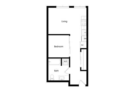 Floor plan for 1 bed, 1 bath, 493 sqft